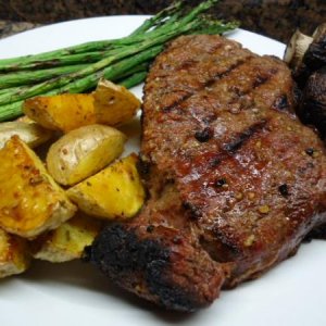 Grilled New York Strip Steak and Mushrooms with Roasted Yukon Gold Potatoes and Fresh Asparagus Dinner