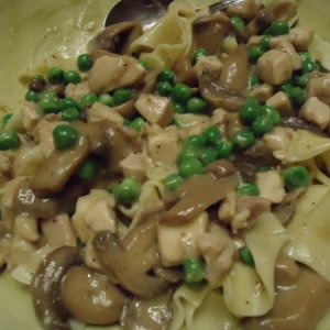 Um, a mish-mash dinner of diced chicken mushrooms, peas, gravy all on noodles