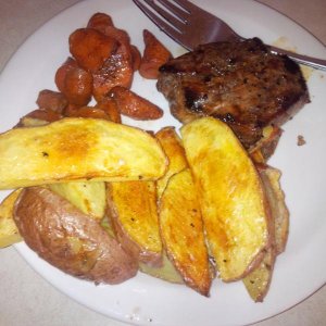 The glazed carrots, oven taters, and pork.