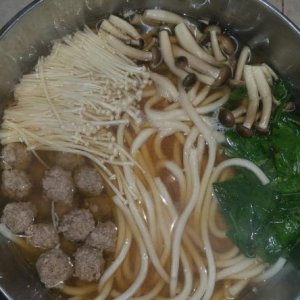 2017 02 20 18.55.05 dashi, udon, pork meatballs, enoki, beech