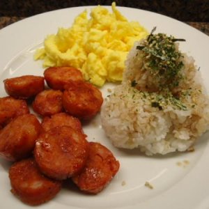 Hawaiian Portuguese Sausage, eggs and steamed white rice with Aloha brand Shoyu and Furikake, ONO!