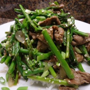 Beef & Asparagus Stir Fry over steamed white rice