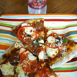 Tomato,basil, sausage pizza...