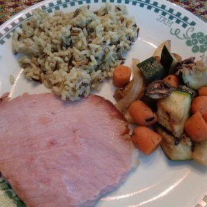 Boar's Head Sweet Slice Ham, cut thick for a steak; Wild Rice Pilaf and assorted veggies