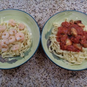 handmade fettuccine, one with Scampi-Style Shrimo and one with Mussels Marinara, mangiamo!!