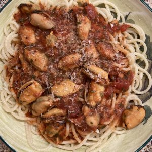 Mussel Marinara over Spaghetti