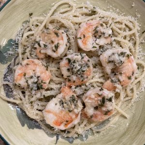 Scampi-style Shrimp over Spaghetti