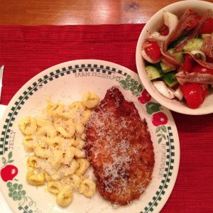 Chicken Milanese with Barilla brand Three Cheese Tortellini and a side chopped Salad, with heard of Anchovies on it for DH, NOT moi!
