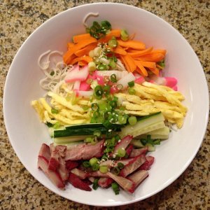 Hawaii-Style Cold Somen Salad: Carrots, Kamaboko or steamed Japanese Fish Cake, Tomago or Omelet, Hot House Cucumbers, Char Siu or Chinese BBQ Pork.  