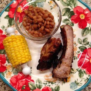 Instant Pot ® BBQ Spareribs, fresh Corn and Baked Beans, YUM! I dried rubbed the meat, pressure cooked it and then gave it a quick sear on the grill w