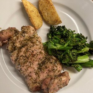 B/S Chicken Thighs doused in my housemade Greek-Inspired seasoning blend, Broccolini, Yukon Gold Potatoes, all oven roasted.