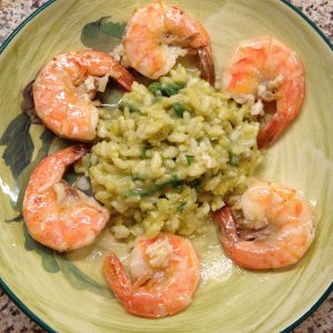 Trader Joe's Asparagus Risotto ringed with steamed Sea of Cortez Shrimp