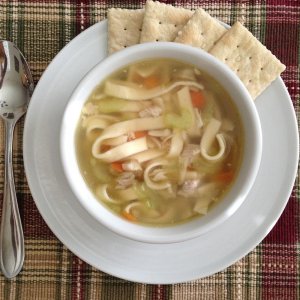 Chicken Noodle Soup my way.
Homemade Chicken Stock, wide Egg Noodles and assorted veggies, oh and chunks of Chicken too.