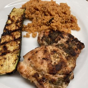 Greek-Inspired Seasoned B/S Chicken Thighs, grilled
Zucchini, also grilled
Couscous with roasted Vegetables