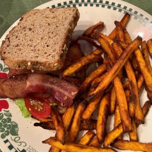 BLT on toast with a side of Sweet Potato Fries from the Air Fryer