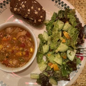 New Mexico-style Green Chile Chicken Stew with a side Salad and roll... simple and delicious