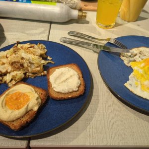 CABBAGE WITH BALSAMIC, HUMMUS WITH PICKLED LEMON, CHEESE, FRIED EGG