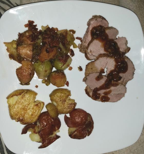 2016 11 26 18.15.53 pork tenderloin with brandy, brown sugar, nustard sauce with amused new potatoes and Brussels sprouts with balsamic and bacon.