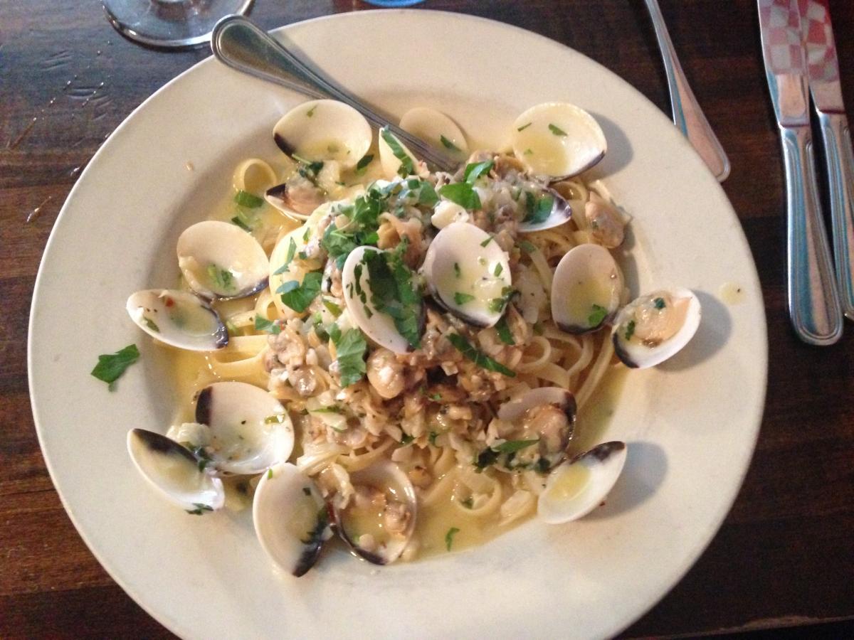At one of our favorite resaurants in town
Fettuccine and Clams