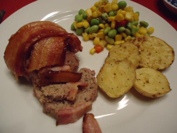Bacon wrapped Meatloaf with Trader Joe's Soycatash and roasted Baby Dutch Potatoes