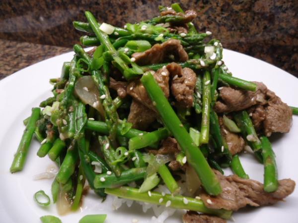 Beef & Asparagus Stir Fry over steamed white rice