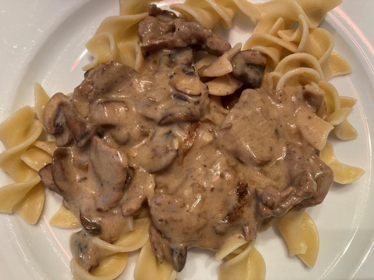 Beef Stroganoff made with NY Strip Steak (`cuz that's what I had) cut very thinly against the grain and cooked to med-rare, Crimini Mushrooms and Swee