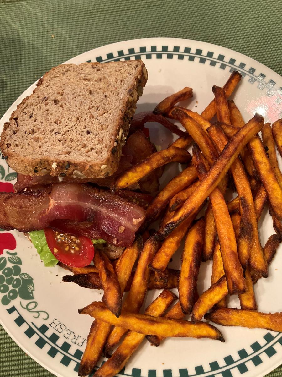 BLT on toast with a side of Sweet Potato Fries from the Air Fryer
