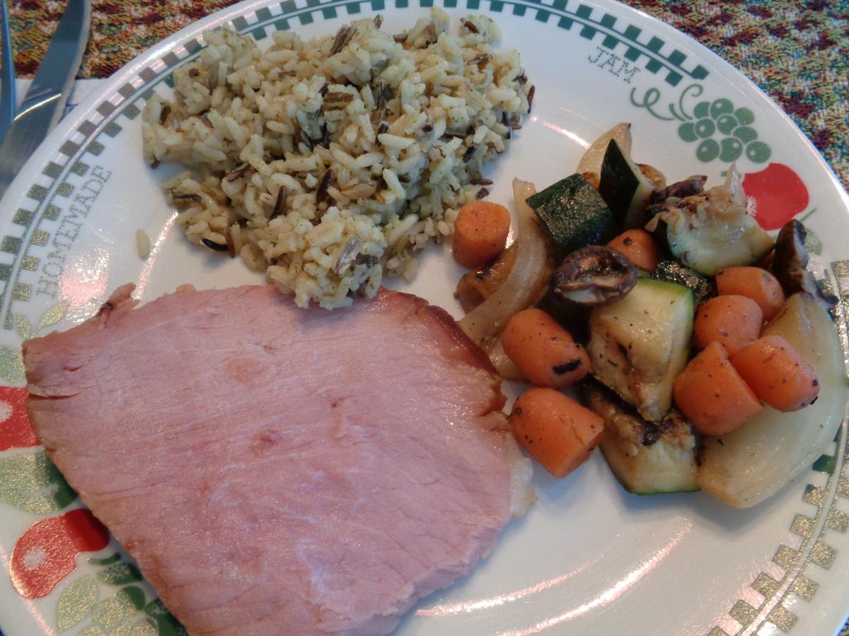 Boar's Head Sweet Slice Ham, cut thick for a steak; Wild Rice Pilaf and assorted veggies