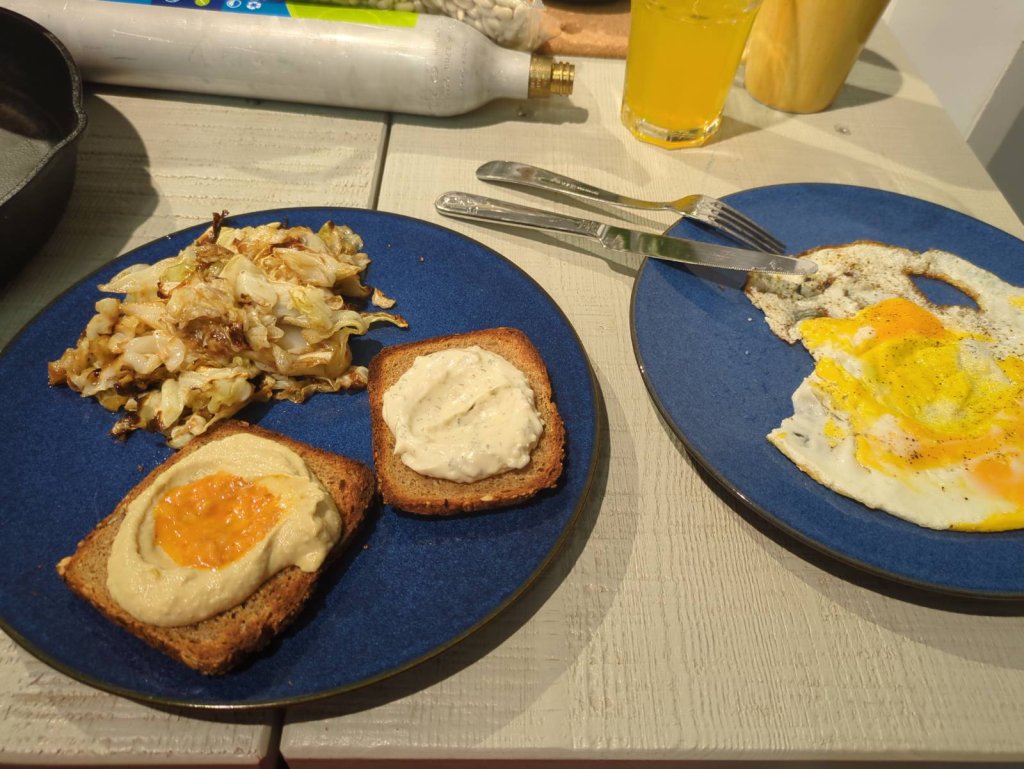 CABBAGE WITH BALSAMIC, HUMMUS WITH PICKLED LEMON, CHEESE, FRIED EGG