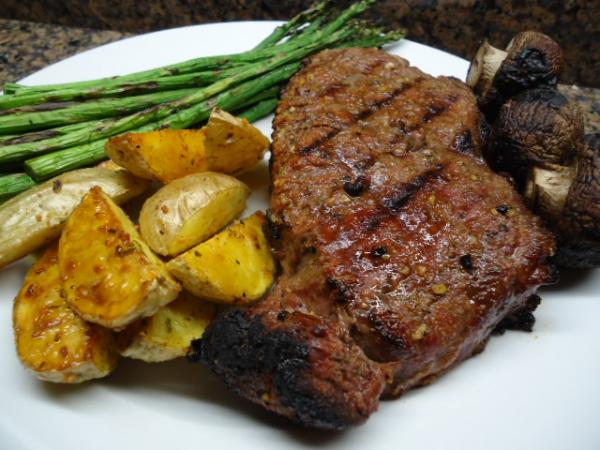 Grilled Steak, Asparagus, Fresh Mushrooms and oven-roasted Baby Dutch Potatoes
