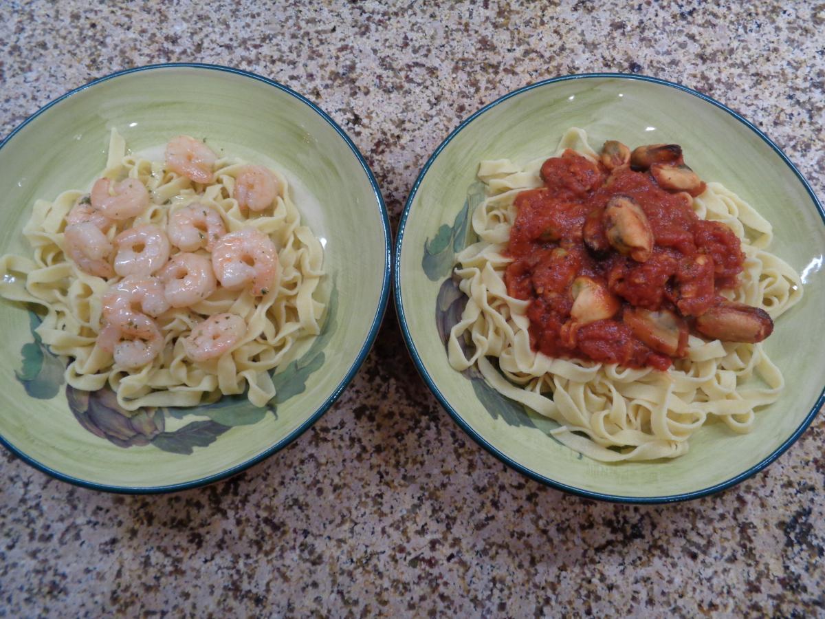 handmade fettuccine, one with Scampi-Style Shrimo and one with Mussels Marinara, mangiamo!!