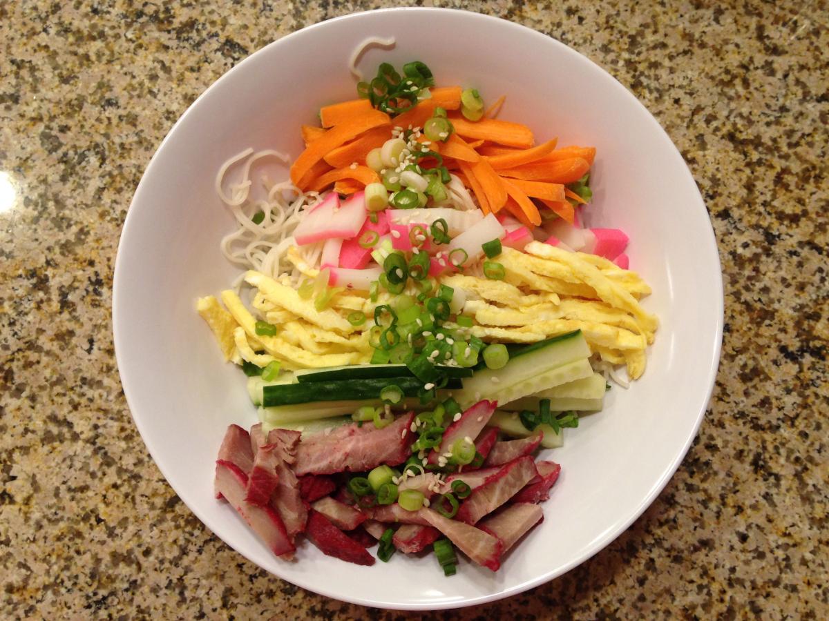 Hawaii-Style Cold Somen Salad: Carrots, Kamaboko or steamed Japanese Fish Cake, Tomago or Omelet, Hot House Cucumbers, Char Siu or Chinese BBQ Pork.  