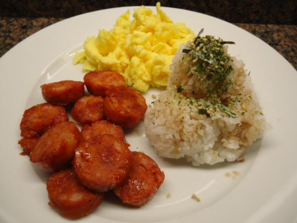 Hawaiian Portuguese Sausage, eggs and steamed white rice with Aloha brand Shoyu and Furikake, ONO!
