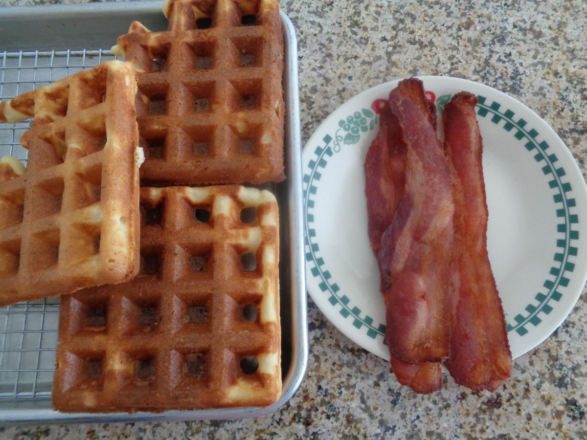 Homemade Waffles and Bacon, Sunday Brunch couldn't be finer!  Fresh Coffee, Juice, some fruit, MMM!