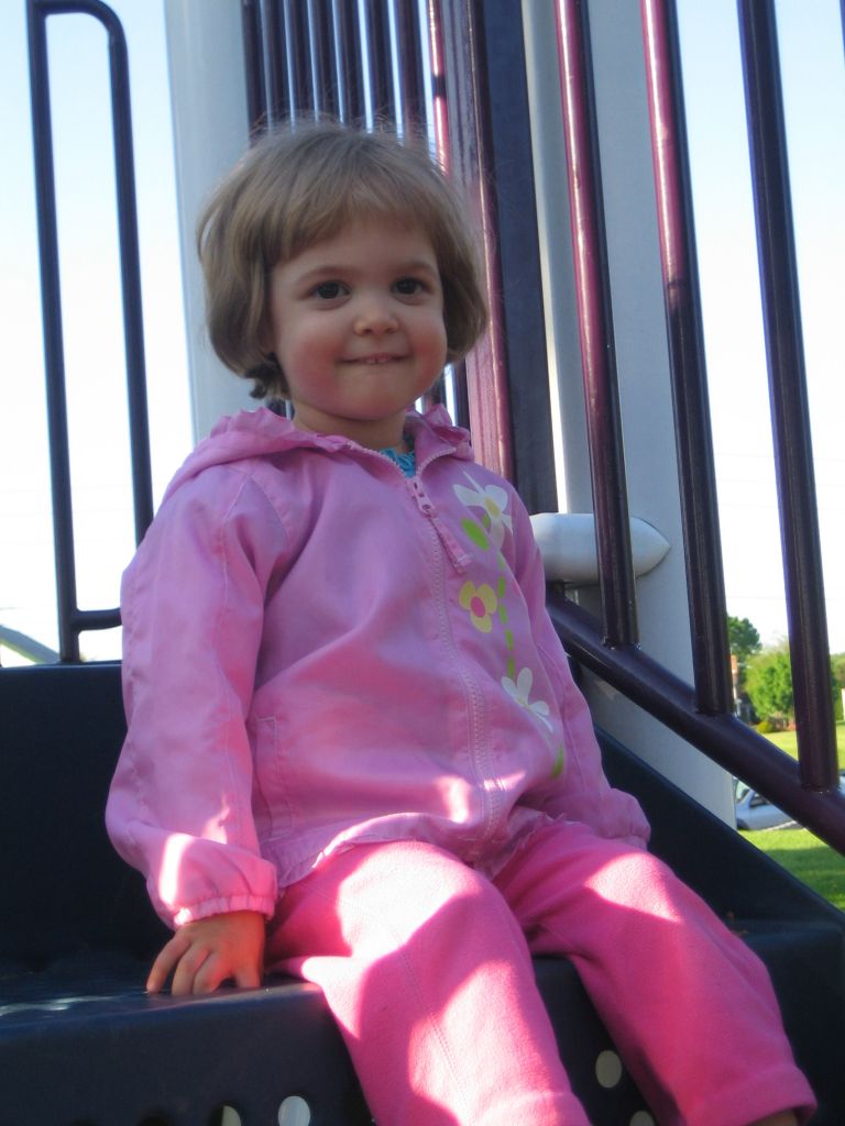 I figured I'd better post a new picture of Sofie.  She loves hanging out at the top of the tall slide at the park.  She says, "I like to sit here and 