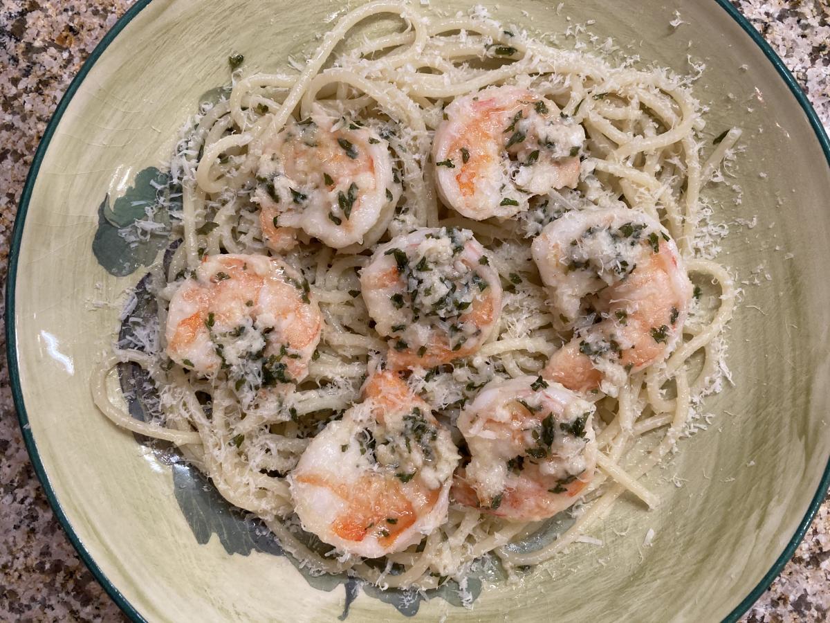 Scampi-style Shrimp over Spaghetti
