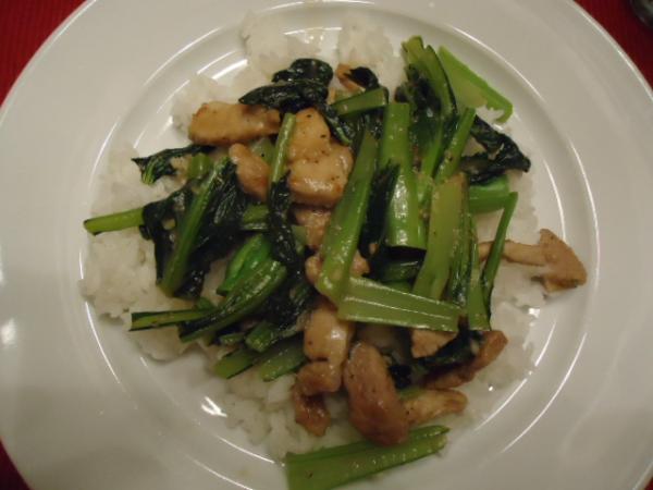 Sitr fry Chicken and Gai Lan over steamed white rice