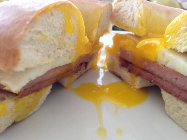 taylor ham egg and cheese breakfast sammie on a bagel
