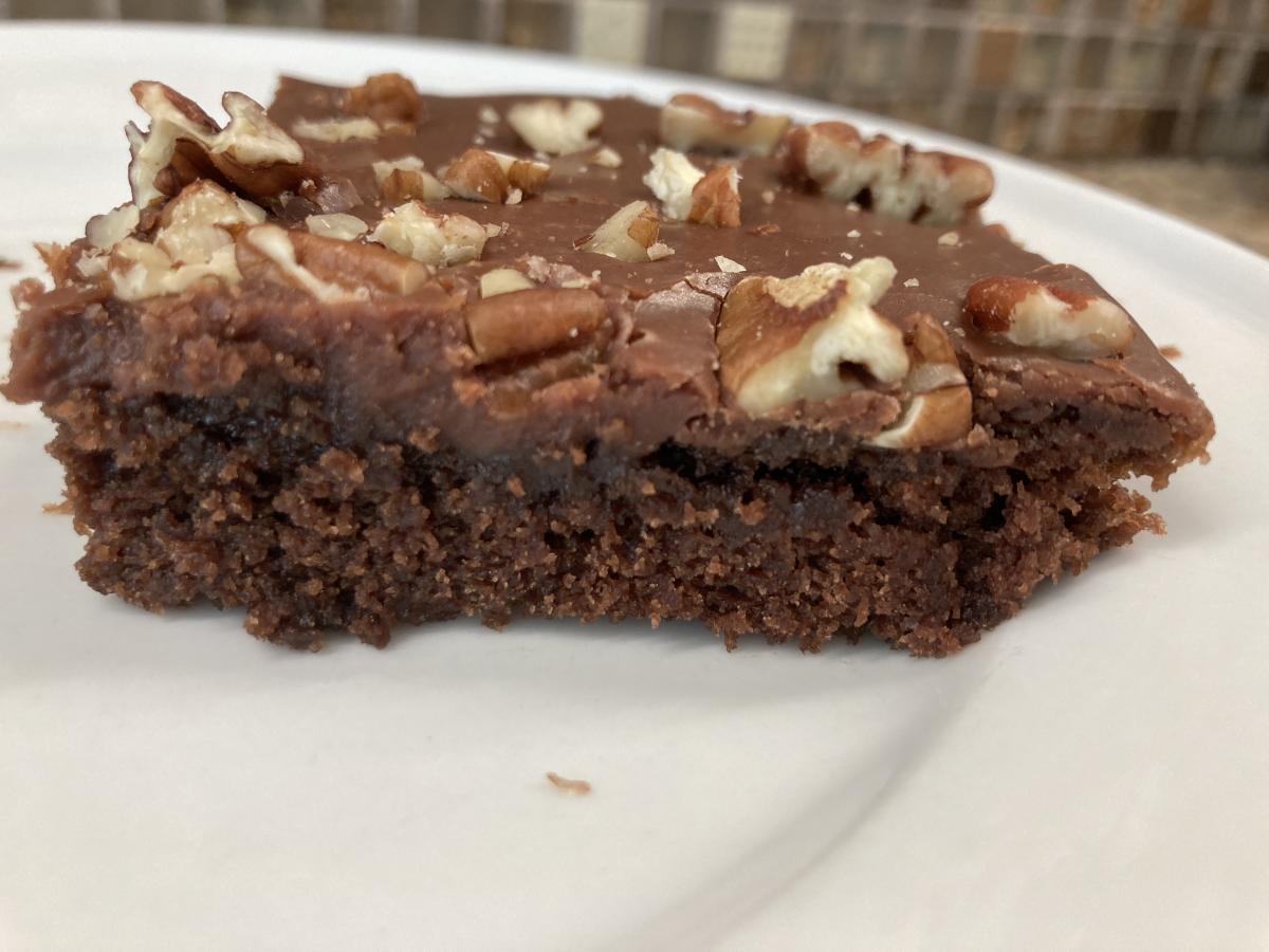 Texas Quarter Sheet Chocolate Cake with chopped Pecans on top, YUM!!!