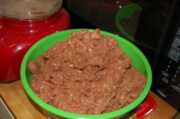 The meat after being stuck in the food processor.
